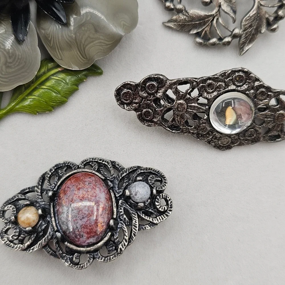 Brooch Lot Silver Toned Floral Bow 9pc Pin Vtg Enamel Rhinestone Cabochons Black
